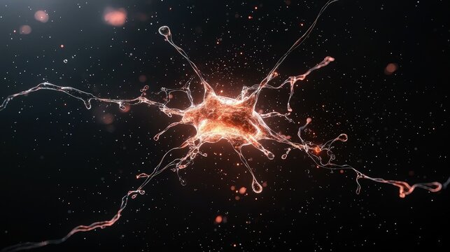 A highly detailed 3D render of a neuron cell, glowing with orange light against a dark background filled with small particles. The cell has a central body and b