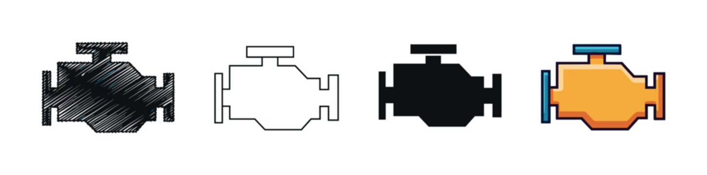 Car engine icon set with multiple design versions including a hand-drawn scribble, a minimalist outline, a solid black silhouette, and a vibrant cartoon illustration