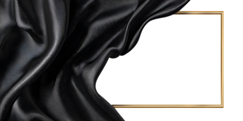 Flowing black fabric with golden frame isolated on transparent background