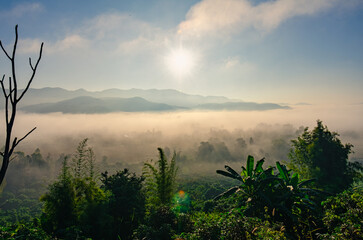 A beautiful winter view of morning light streaming down through the mist, mountains, trees and rice fields in rural Chiang Rai Province, Northern Thailand.