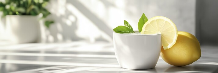 Refreshing lemon drink with mint garnish in a white cup. Whole lemon on a sunlit table with shadows. Blurry plant in the background. Wide banner format