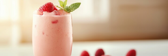 Fresh raspberry smoothie or milkshake in a glass, garnished with ripe berries and mint leaves. Bright, sunlit background
