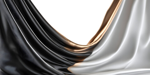 Elegant black and white draped silk fabric, isolated on transparent background