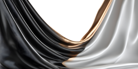 Elegant black and white draped silk fabric, isolated on transparent background