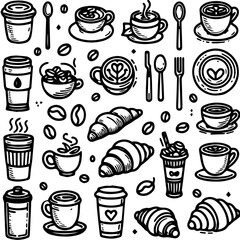 Hand drawn coffee shop doodles for menus, cafe branding and food illustrations