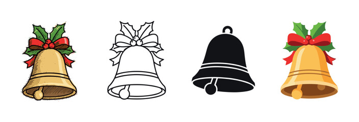 Set of four christmas jingle bells with a red bow and holly, showcasing different artistic styles like a hand-drawn sketch, simple outline, black silhouette, and flat vector icon