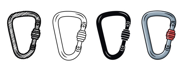 Set of four locking screw-gate carabiners for climbing shown in multiple illustration styles from hand-drawn sketch and outline to solid black silhouette and colored cartoon