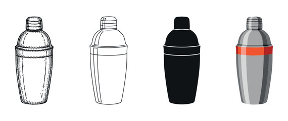 Set of four cocktail shaker illustrations in different artistic styles including hand-drawn sketch, simple outline, solid black silhouette, and a colored flat vector design