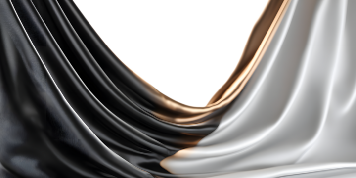 Elegant black and white draped silk fabric, isolated on transparent background