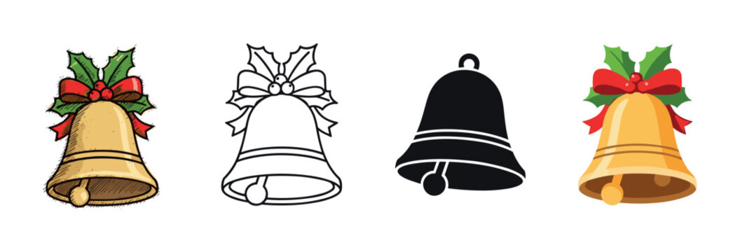 Set of four christmas jingle bells with a red bow and holly, showcasing different artistic styles like a hand-drawn sketch, simple outline, black silhouette, and flat vector icon