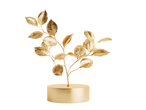Golden decorative plant with metallic leaves, isolated on transparent background
