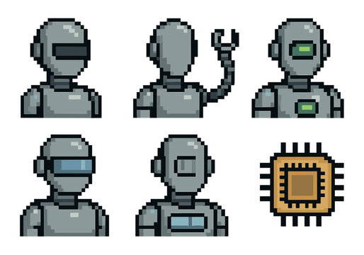Pixel art robot and cpu icons set for a retro video game with different character sprites and a microprocessor chip, showing various android designs and technology elements