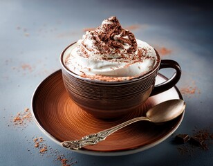 hot cocoa with whipped cream and chocolate powder served with a spoon