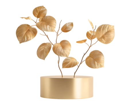 Golden decorative plant with textured leaves, isolated on transparent background
