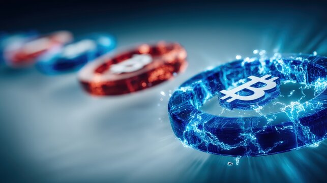 Cryptocurrency revolution bitcoin tokens in a digital landscape virtual space graphic art futuristic viewpoint innovation concept