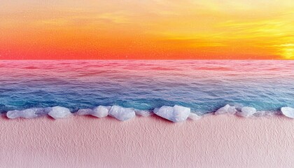 A serene beach scene with gentle ocean waves washing onto a pink sand shore under a dramatic sunset sky painted in vibrant hues of orange and pink.