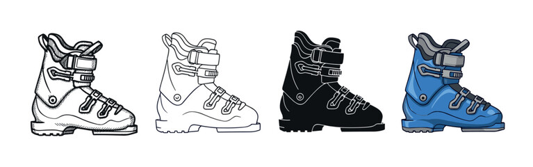 Fototapeta premium Set of four ski boots illustrated in different artistic styles, showing a detailed sketch, simple line art, a black silhouette, and a blue colored cartoon version