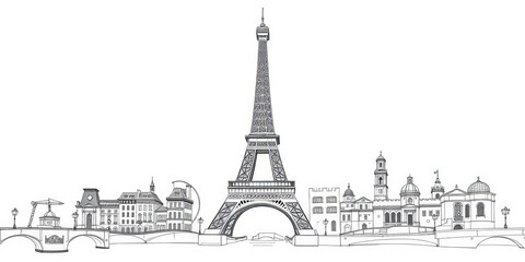 Obraz premium Intricate line drawing of Parisian landmarks, Eiffel Tower prominent, sketched style, retro, skyline