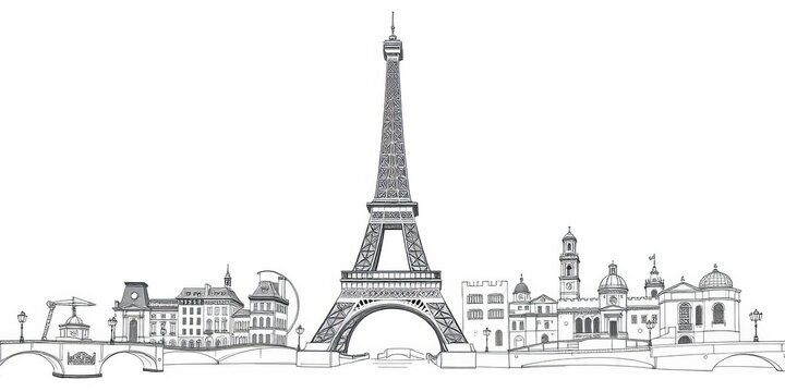 Intricate line drawing of Parisian landmarks, Eiffel Tower prominent, sketched style, retro, skyline