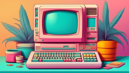 retro computer with vibrant pastel colors pixelated design