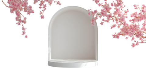 White arched display stand with pink blossoms, isolated on transparent background