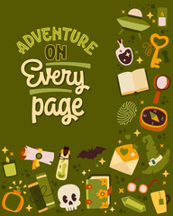 Adventure On Every Page. An inspirational design with original lettering, surrounded by illustrations on the theme of diverse book genres and adventures.&nbsp;Suitable for libraries, book-related events&nbsp;