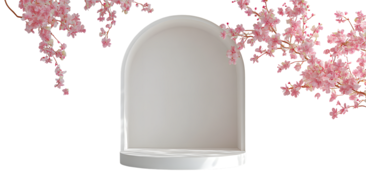 White arched display stand with pink blossoms, isolated on transparent background