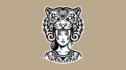 Woman wearing a fierce tiger head mask black and white illustration.