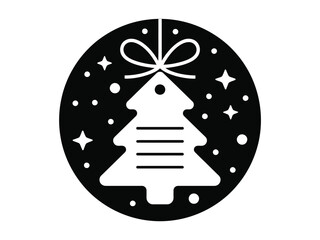A christmas tree tag with a bow on a black circle with stars and dots around