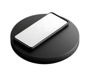 Phone on black circular stand isolated on transparent background