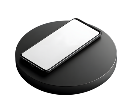 Phone on black circular stand isolated on transparent background
