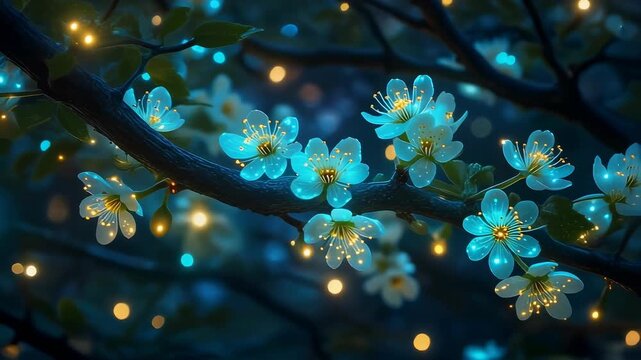 Enchanting luminous blue and white blossoms on a dark branch, illuminated by magical bokeh lights, creating a fantasy spring night scene with glowing floral elements and ethereal beauty