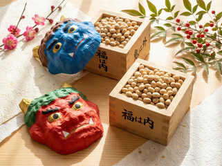 節分の豆と鬼の面