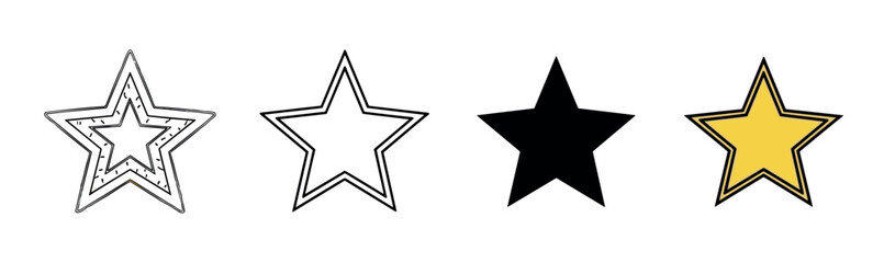 Obraz premium Collection of four star icons in various styles including hand-drawn doodle, simple outline, solid black silhouette, and a classic yellow star with a black border
