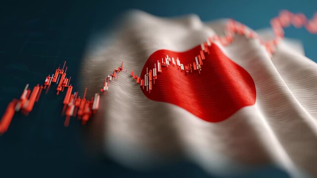 A close-up of a financial stock market chart with red candlesticks superimposed with a blurred Japanese national flag symbolizing economic trends and investments.