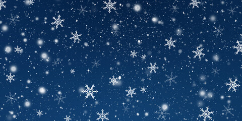 Christmas and New Year background with large white stylized snowflakes and dense falling snow on a deep midnight blue gradient. Excellent for festive banners and video title cards