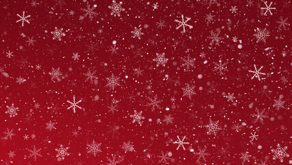 Christmas pattern background featuring dense white ornate snowflakes and heavy snowfall over a rich red gradient. Excellent for holiday wrapping paper and new year party banners