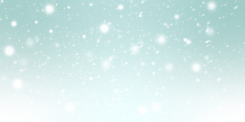 Obraz premium Holiday background image showcasing soft snowfall and intense bright light flares over a light cyan-teal gradient. Ideal for clean, modern seasonal advertisements and brand graphics