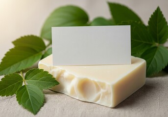 Natural handcrafted soap with blank label and fresh green leaves 