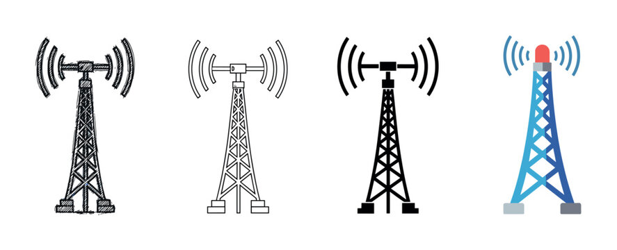 Set of four communication tower icons in different graphic styles including a hand-drawn sketch, clean outline, solid black silhouette, and a colorful flat vector illustration