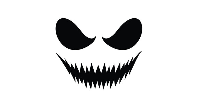 Stylized black and white evil face with sharp teeth and glowing eyes.