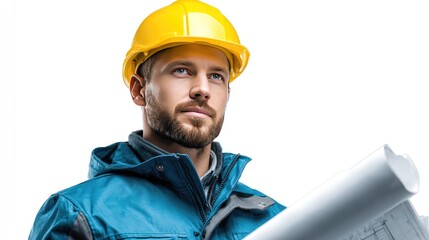 Visionary in Construction: A focused construction worker, clad in a safety helmet and attire, studies blueprints, symbolizing dedication, expertise, and precision in building and infrastructure.