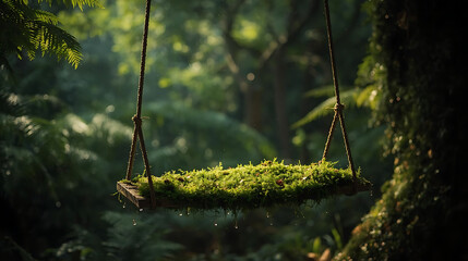 Enchanting Moss Covered Swing Hanging in a Lush Green Forest with Dew Drops, Creating a Serene and Magical Atmosphere in Nature's Embrace
