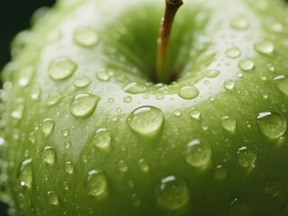 Extreme close-up of a fresh, crisp green apple covered in sparkling water droplets, showcasing natural vitality and healthy eating