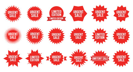 Collection of red starburst and tag sale promotion labels with urgent sale and limited edition text.