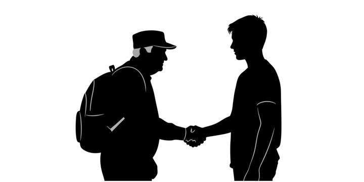 A silhouette of two men shaking hands symbolizes gratitude and respect for veterans from the younger generation. The concept of Veterans Day and military recognition.