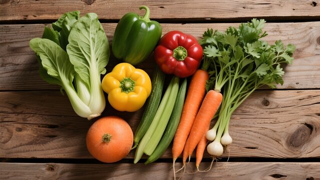 A vibrant assortment of fresh organic vegetables including bell peppers, carrots, and celery on a rustic wooden table, perfect for healthy cooking