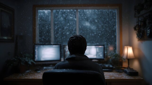 A person sits at a desk with dual monitors facing the window as snow falls outside in the dark room