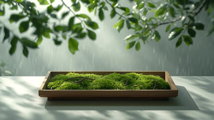 Moss Garden in Wooden Tray Under Rain with Green Leaves - Minimalist Nature Scene for Wellness, Relaxation, and Sustainable Living Concepts
