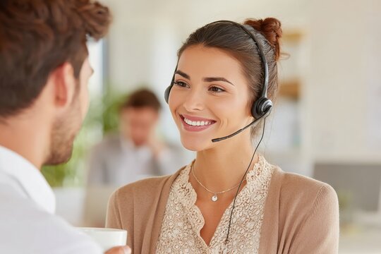 Friendly customer support representative assisting a client in office setting 